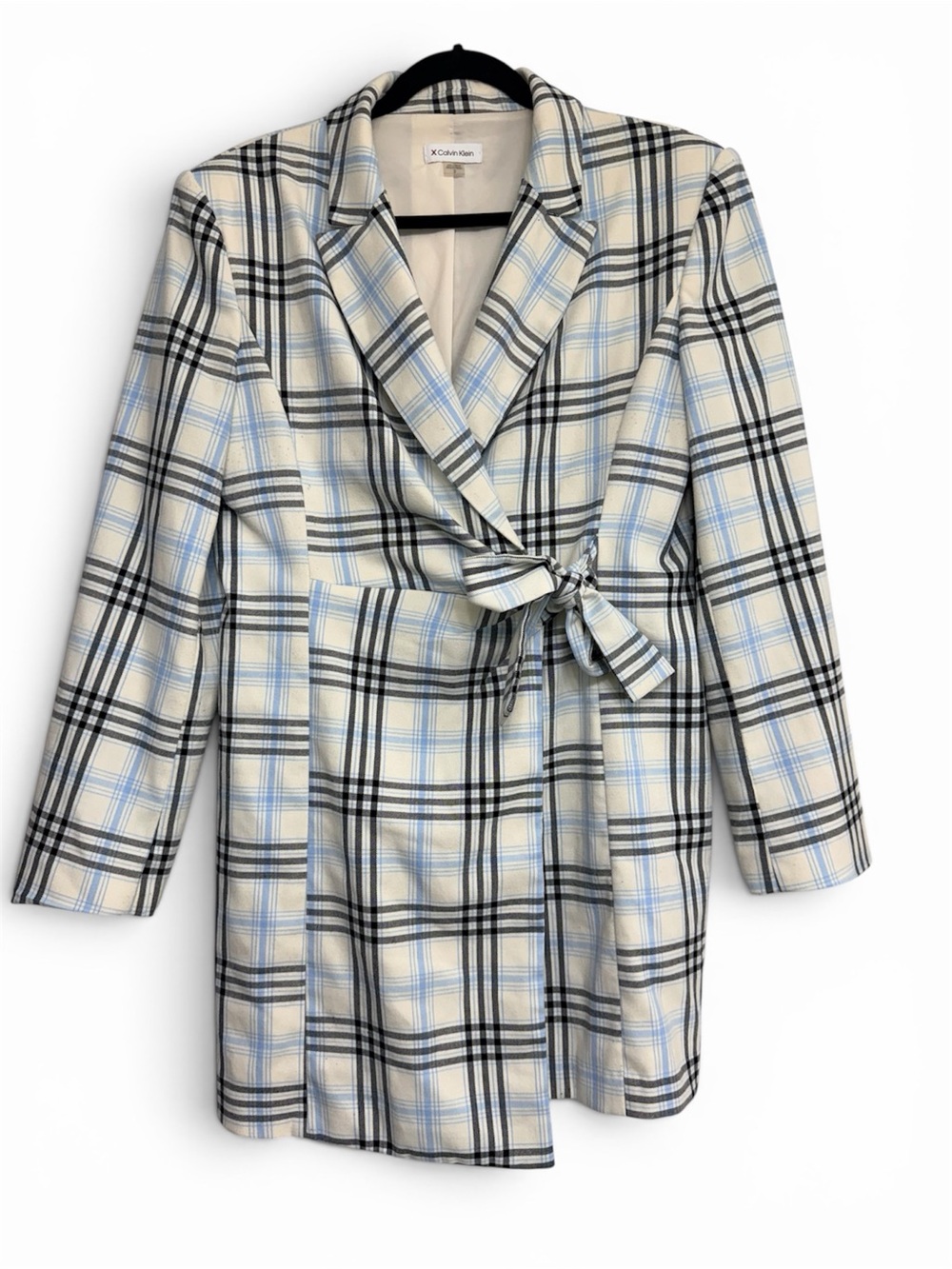 Calvin Klein Cream Plaid Wrap Blazer with Light Blue Accents